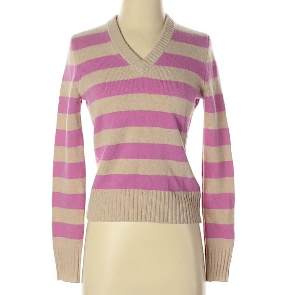 J. Crew Pink and Tan Striped Lambs Wool Sweater Sm